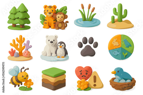 Colorful clay animal figures with trees and nature elements