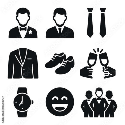 Groom's Crew Icons. Solid, filled icons set of groom’s crew: best man, groomsmen, matching ties, suit icon,