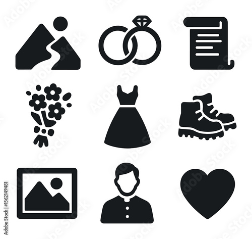 Elopement Wedding Icons. Solid, filled icons set of elopement wedding: mountain path, elopement rings, vows