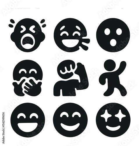 Emotional Icons Grid. Solid, filled icons set of emotional outbursts: scream face, laughter blast, wow emoji,