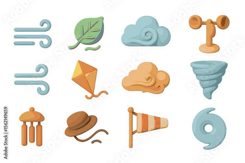 Weather icons set featuring wind, cloud, tornado, kite, leaf, windsock