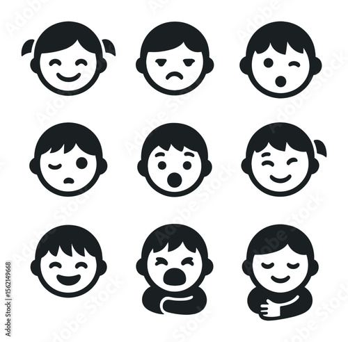 Kids' Emotions Icons. Solid, filled icons set of kids' emotions: joy face, pout, big laugh, sleepy eye,