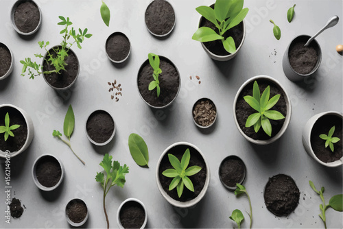 Spring Gardening Flatlay: Seeds, Seedlings, and Pots on Grey Surface