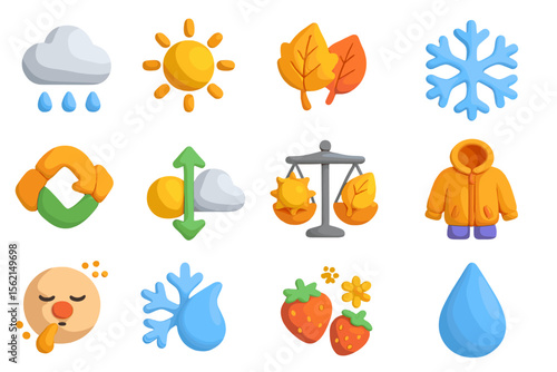 Colorful weather and seasonal icons in soft 3d style