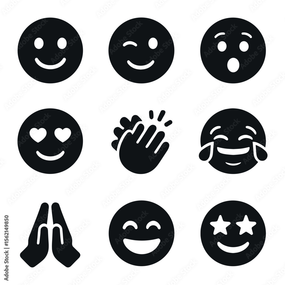 Emotional Emoji Icons. Solid, filled icons set of emotional emojis: happy face, wink, shocked, love, clapping, Emotional Emoji Icons. Solid, filled icons set of emotional emojis: happy face, wink, shocked, love, clapping,