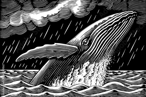 whale breaching the ocean surface under stormy clouds, excellent for marine magazines, environmental posters, children’s books or chest tattoos a black and white line art illustration