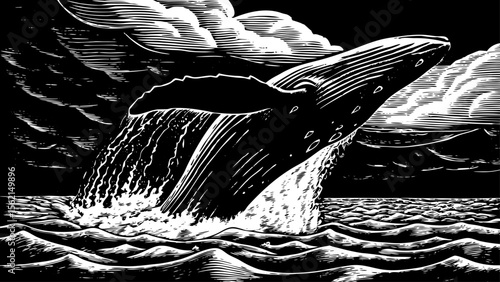 whale breaching the ocean surface under stormy clouds, excellent for marine magazines, environmental posters, children’s books or chest tattoos a black and white line art illustration