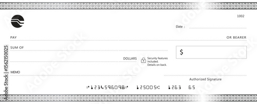 Blank bank check, checkbook cheque template with blue guilloche, vector mockup. Money payment bank check voucher or pay cash cheque certificate, account bill paycheck	
