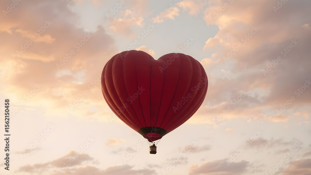 Obraz premium A heart-shaped hot air balloon floating in the air, with a sunset sky as the backdrop, warm and soft colors