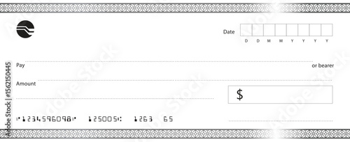 Blank bank check, checkbook cheque template with blue guilloche, vector mockup. Money payment bank check voucher or pay cash cheque certificate, account bill paycheck	