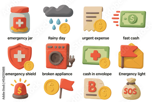 Cartoon emergency finance icons with coins and various expense symbols