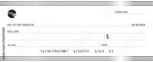Blank bank check, checkbook cheque template with blue guilloche, vector mockup. Money payment bank check voucher or pay cash cheque certificate, account bill paycheck	