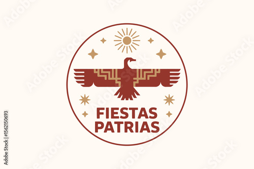 Traditional style badge with eagle and sun symbol for fiestas patrias Latin American independence celebration  