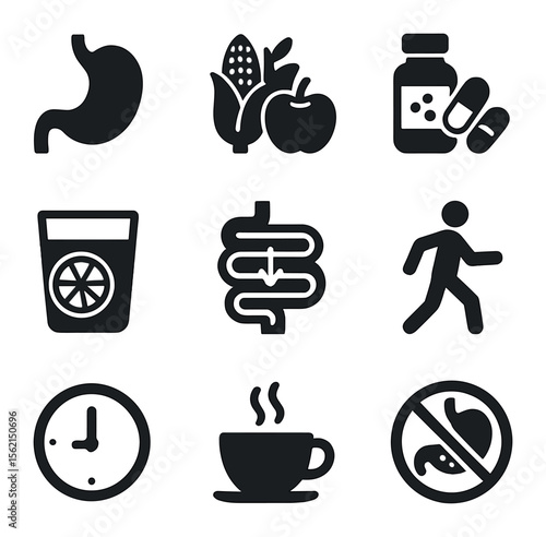 Healthy Digestion Icons. olid, filled icons set of healthy digestion: stomach icon, fiber food, probiotics,