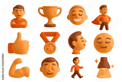 Cartoon characters and icons featuring emotions and trophies
