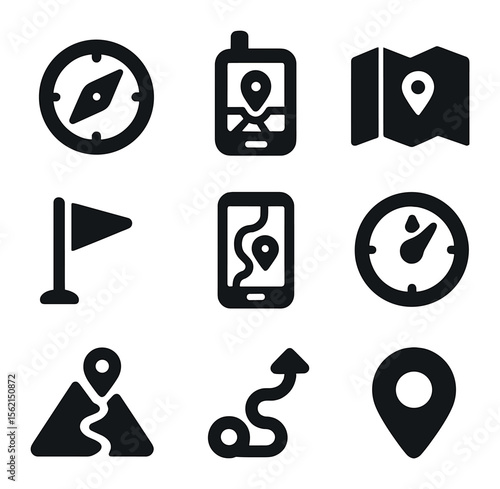 Navigation Tools Icons. olid, filled icons set of navigation tools: compass, GPS device, map, marker flag,