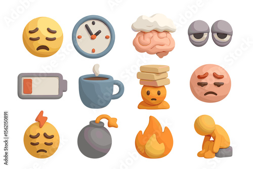 Set of 3d clay stress and fatigue emojis in warm tones
