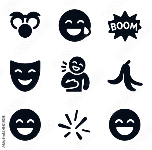 Humorous Icons Grid. olid, filled icons set of funny moments: clown nose, laughing face, comic boom, funny