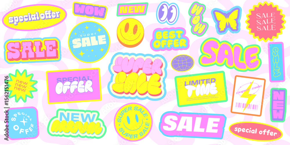 Super Sale Cartoon Stickers Collage. Cool Y2k Promo Patches with Wavy Texture. Super Sale Cartoon Stickers Collage. Cool Y2k Promo Patches with Wavy Texture.