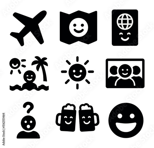 Travel Happiness Icons. olid, filled icons set of travel happiness: airplane, map smile, passport joy,