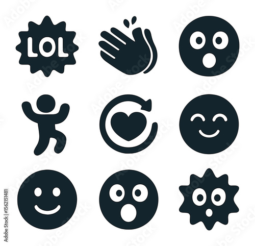 Animated Reaction Icons. olid, filled icons set of reaction gifs: LOL burst, clap loop, surprise loop, dance