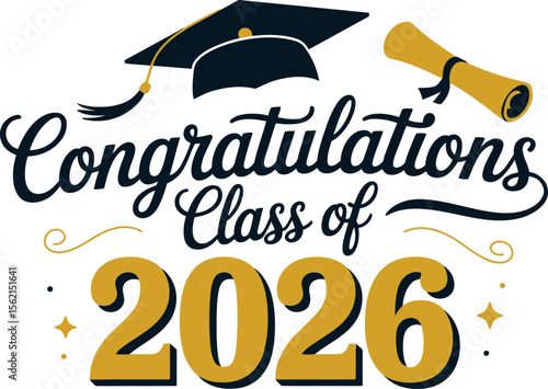 Graduation celebration design with yellow class of 2026 number and cap for achievement poster or invite layout  