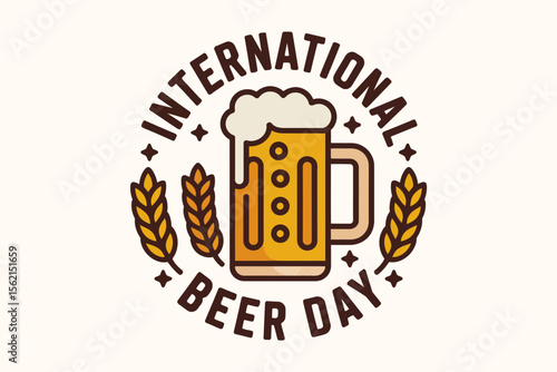 International beer day label with bold text and beer mug icon centered in vintage festival themed badge design  