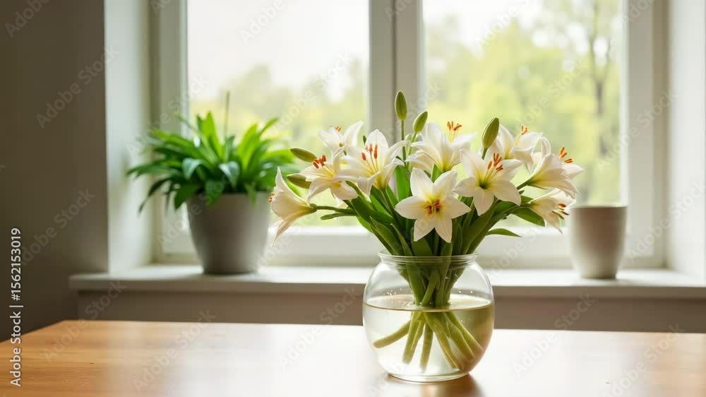 Fresh lilies in a vase on wooden table by the window with plants Fresh lilies in a vase on wooden table by the window with plants