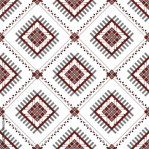 Geometric Diamond Pattern Textile - Traditional Diamond Pattern Rug Design - Ethnic Diamond Pattern Fabric with Brown White Tribal Motifs and Decorative Border