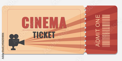 Retro cinema ticket with vintage design featuring a classic camera and warm color scheme. Perfect for movie promotions, film events, and cinema-themed designs.Vector
