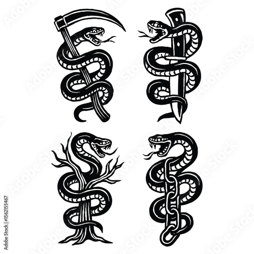 Collection of hand drawn snake illustrations in elegant black and white vector style. This detailed vintage-style design features various snake poses, curls, and textures, perfect for tattoo concepts,