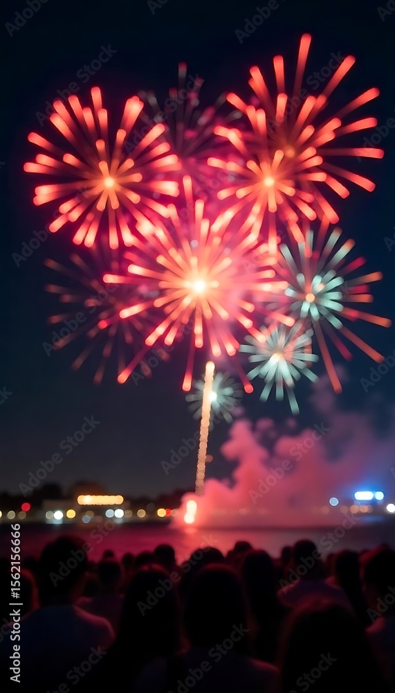 Obraz premium Generative AI stunning celebratory sky bursts over nighttime water vista with watching crowd