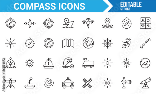 Simple compass icons for digital designs, featuring navigation and map symbols.