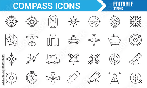 Set of navigation icons, including compass roses, maps, and journey symbols for travel designs.