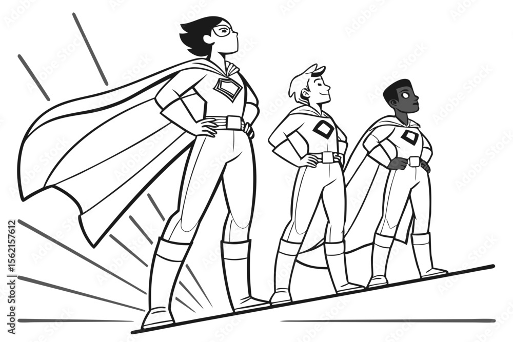 Obraz premium A team of four diverse superheroes, standing together as a group, ready to save the day. For a coloring page, clean line art, black and white, full body view