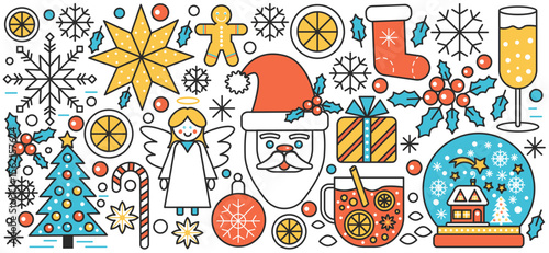 Festive Christmas elements including Santa, angel, tree, snowflakes, gifts, holly, and decorations perfect for holiday cards, invitations, and seasonal designs vector illustration