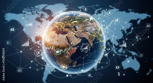 Fototapeta Naklejka Na Ścianę i Meble -  Earth globe centered on the Middle East, surrounded by a network of connections and a world map background.