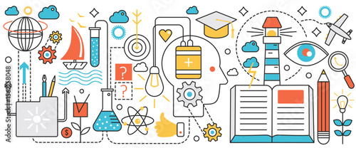 Creative rational thinking and brainstorm technology. Research process in abstract head with battery and light bulb, science knowledge, education in infographic concept banner, thin line art design