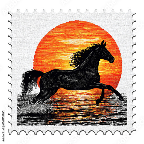 Black Horse Silhouette Running at Sunset on