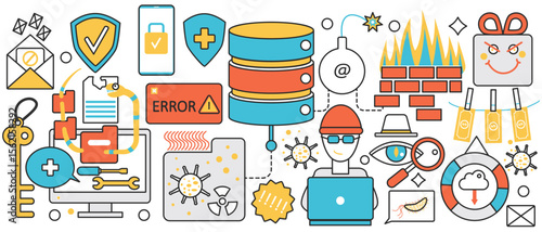 Cyber security and information protection safety technology. Hacker attack and money laundering crime, email spam of internet fraud, computer virus in infographic concept banner, thin line art design