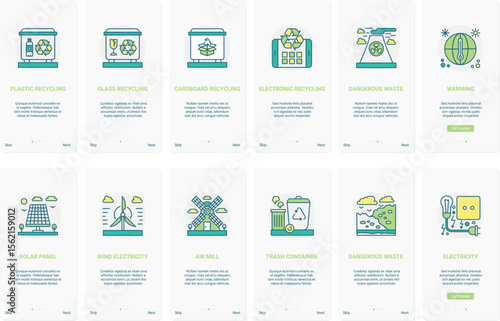Eco technology, renewable energy sources vector illustration. UX, UI onboarding mobile app page screen set with line recycling plastic, glass, paper and electronic appliances, warming environment