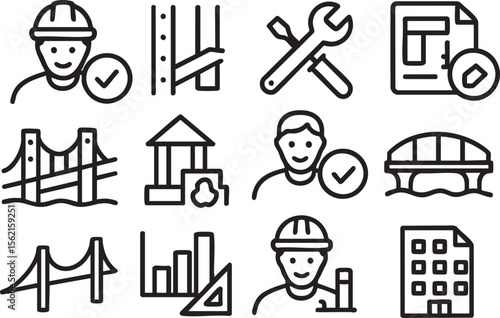 A set of twelve line icons depicting construction, engineering, and building projects, including bridges, buildings, tools, and workers, ideal for construction websites or presentations.