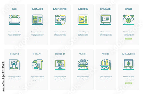 Financial optimization, finance data protection technology vector illustration. UX, UI onboarding mobile app page screen set with line consulting expert analysis, safe money savings, online shopping