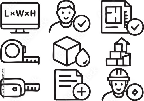 Construction project planning icons set:  a collection of line icons depicting various stages of construction project management, including blueprints, measurements, materials, and worker approval, 