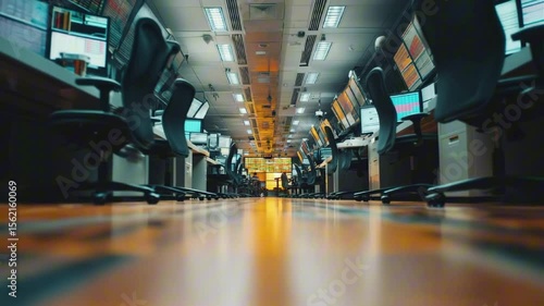 Modern trading floor with multiple computer screens and ergonomic chairs, showcasing a busy financial environment filled with technology and vibrant displays of data analysis