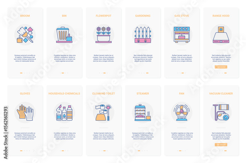 Housekeeping, tools for house cleaning, gardening vector illustration. UX, UI onboarding mobile app page screen set with line bin and broom, household chemicals, vacuum cleaner garden worker gloves