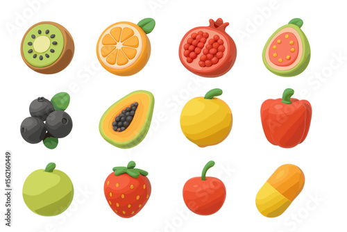 Colorful 3d fruit and vegetable icons on a vibrant background