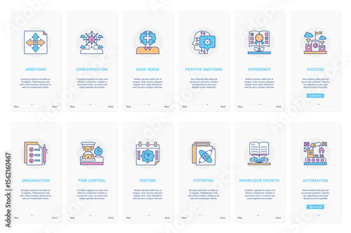 Skills of successful businessman leader vector illustration. UX, UI onboarding mobile app page screen set with line ambition concentration and time management, positive emotions knowledge growth