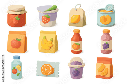 Colorful cartoon fruit and grocery items in pastel tones