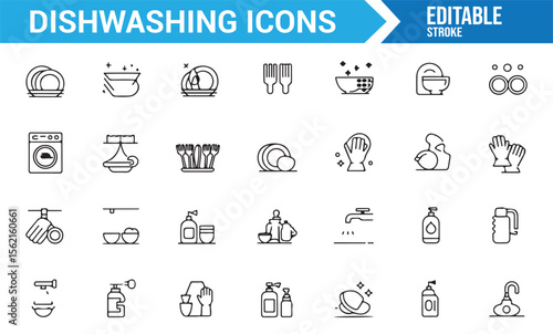 Simple icons of dishwashing tools like sponges, dish racks, and detergent bottles.